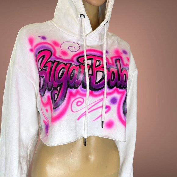 Zara Womens Crop Top Hooded Medium M White Pink Logo Sugar Baby Print Stretch - Picture 1 of 13